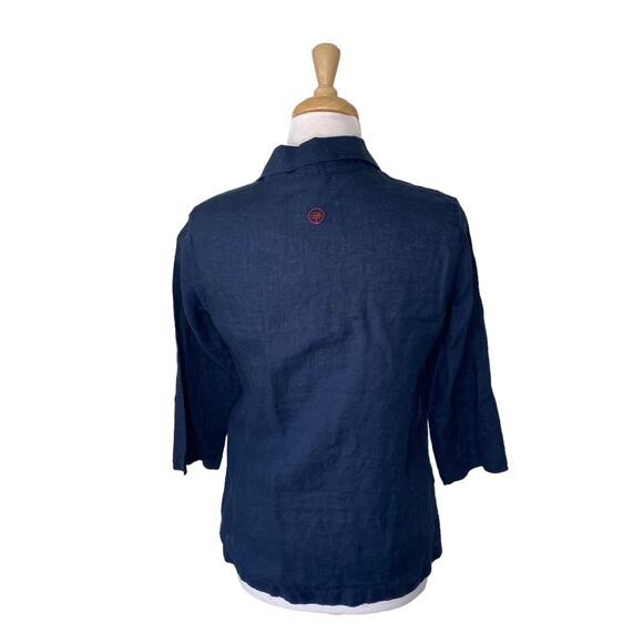 GRASSROOT by Anita Dongre 100% Linen Split Neck Collared Pleated Blouse Navy - Picture 2 of 10